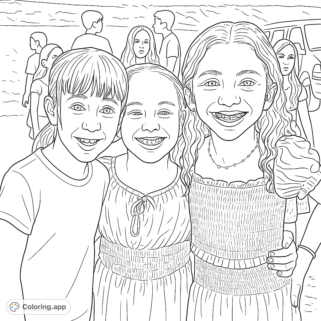 A heartwarming free printable coloring page featuring three smiling girls embracing, with a beach background. Perfect for kids and adults to color.