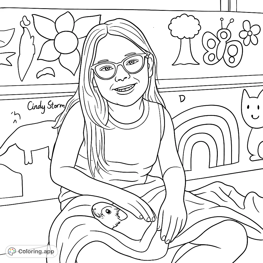 A cheerful girl with glasses gently holds her small pet, surrounded by whimsical drawings of flowers, a dinosaur, and a rainbow. A heartwarming scene.