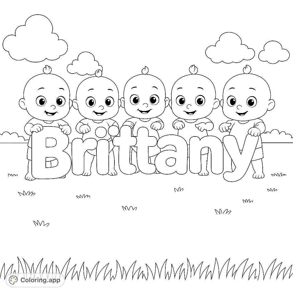Adorable babies spell 'Brittany' in this charming free printable baby coloring page. Perfect for personalizing or celebrating a special name!