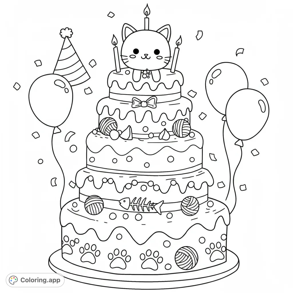 Celebrate with a purr-fectly delightful cat birthday cake coloring page! Features a multi-tiered cake adorned with playful cat-themed decorations.