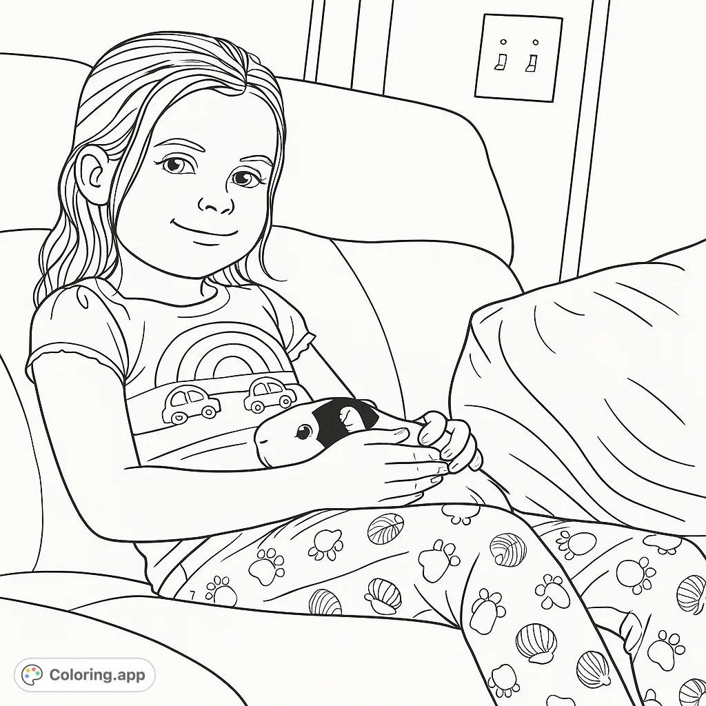 Adorable girl gently holds her guinea pig on a cozy couch. Features a rainbow shirt, patterned pajamas, and a sweet pet. Perfect for animal lovers!