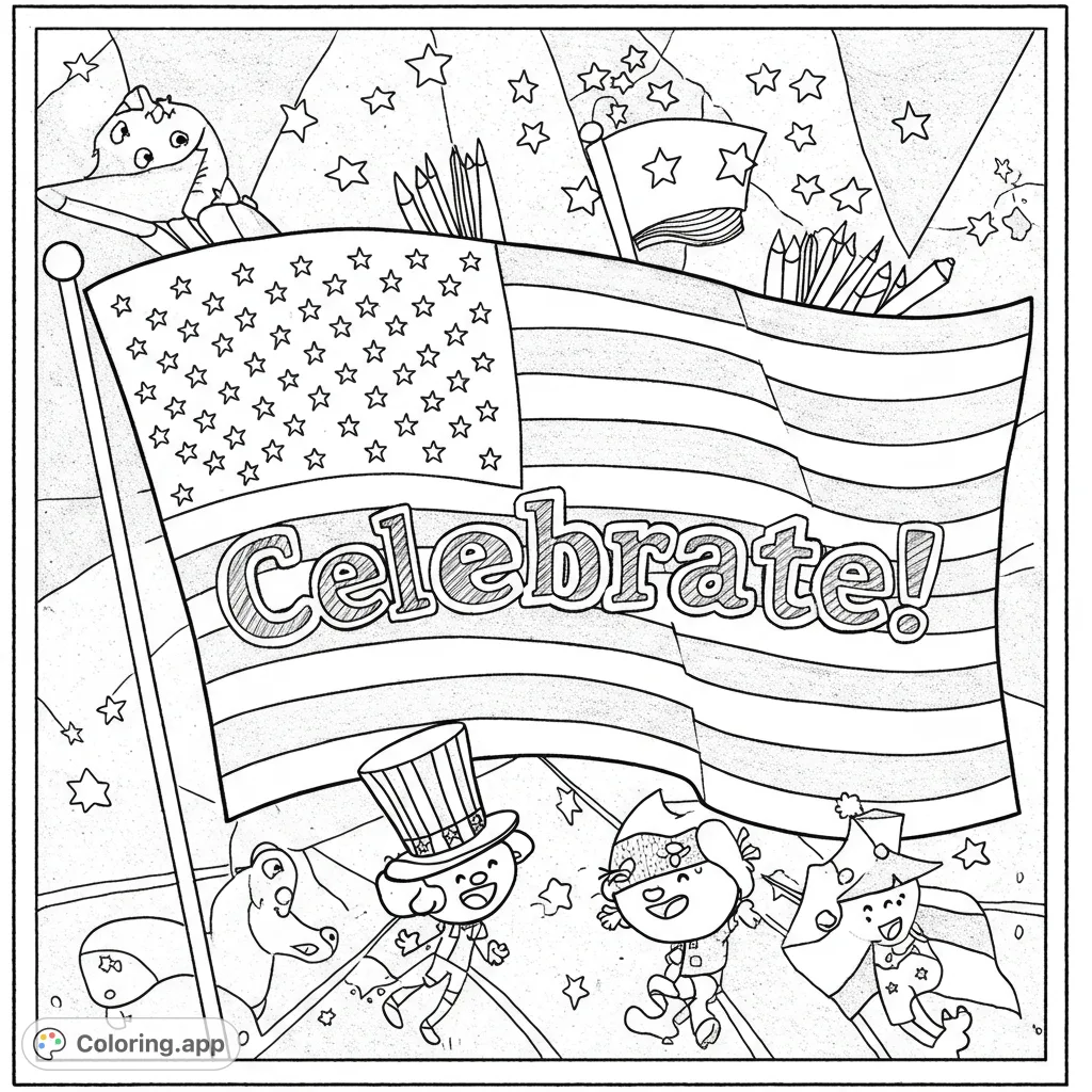 Celebrate with a vibrant American flag, festive characters, and scattered stars. A free printable patriotic coloring page for all ages.