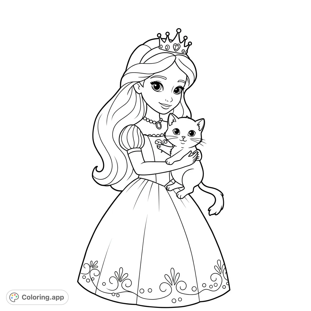 A lovely princess in a crown and gown gently holds her cute pet cat. A charming princess coloring page for kids and adults, perfect for fantasy lovers.