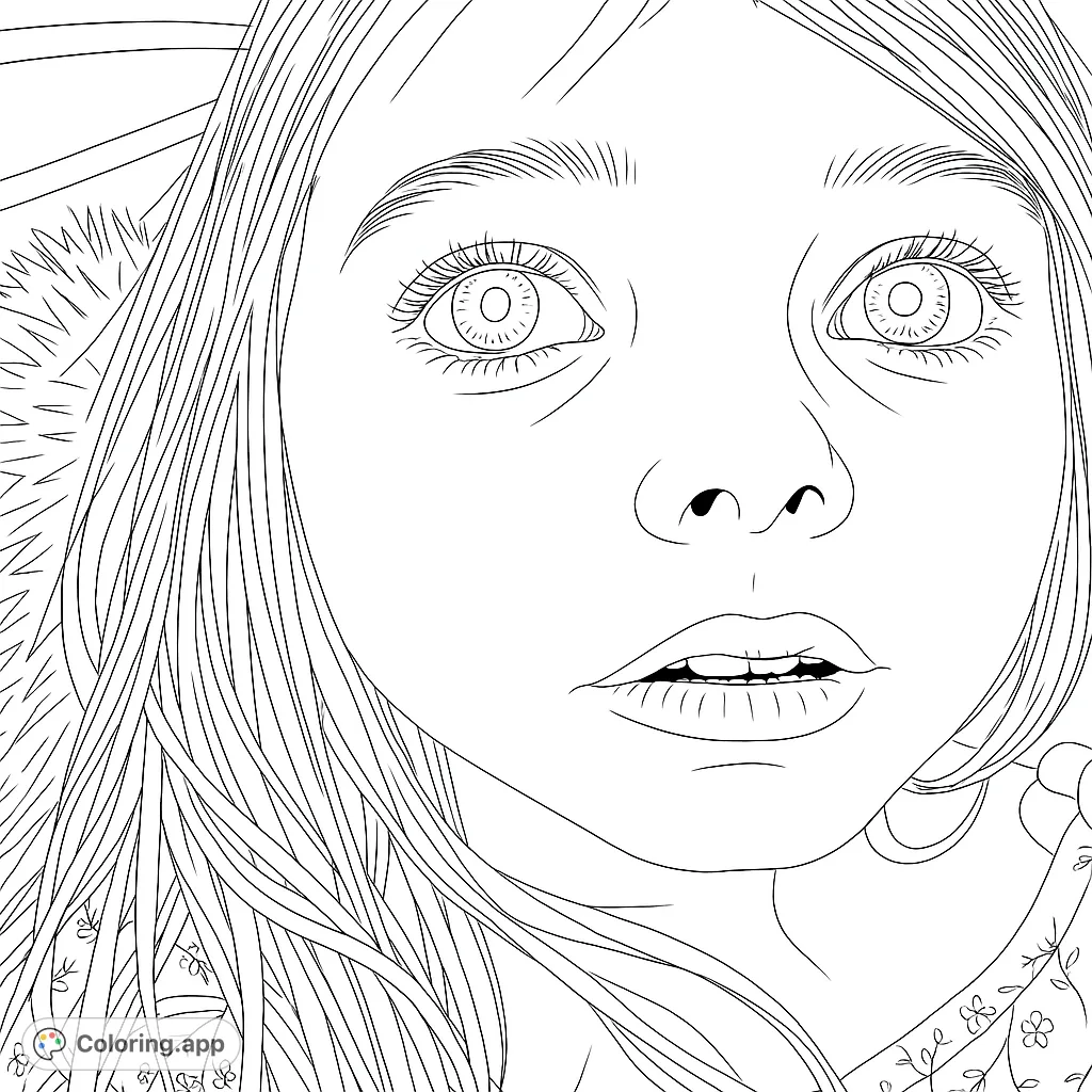 Captivating wide-eyed girl portrait coloring page. Free printable for kids & adults, perfect for expressive face coloring pages.