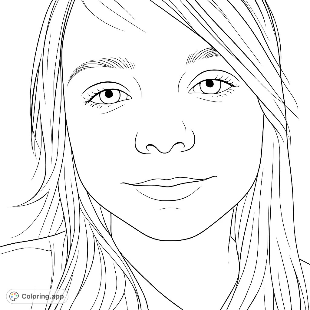 A beautiful close-up portrait of a young girl, perfect for personalizing with vibrant colors. A free printable coloring page for all ages.