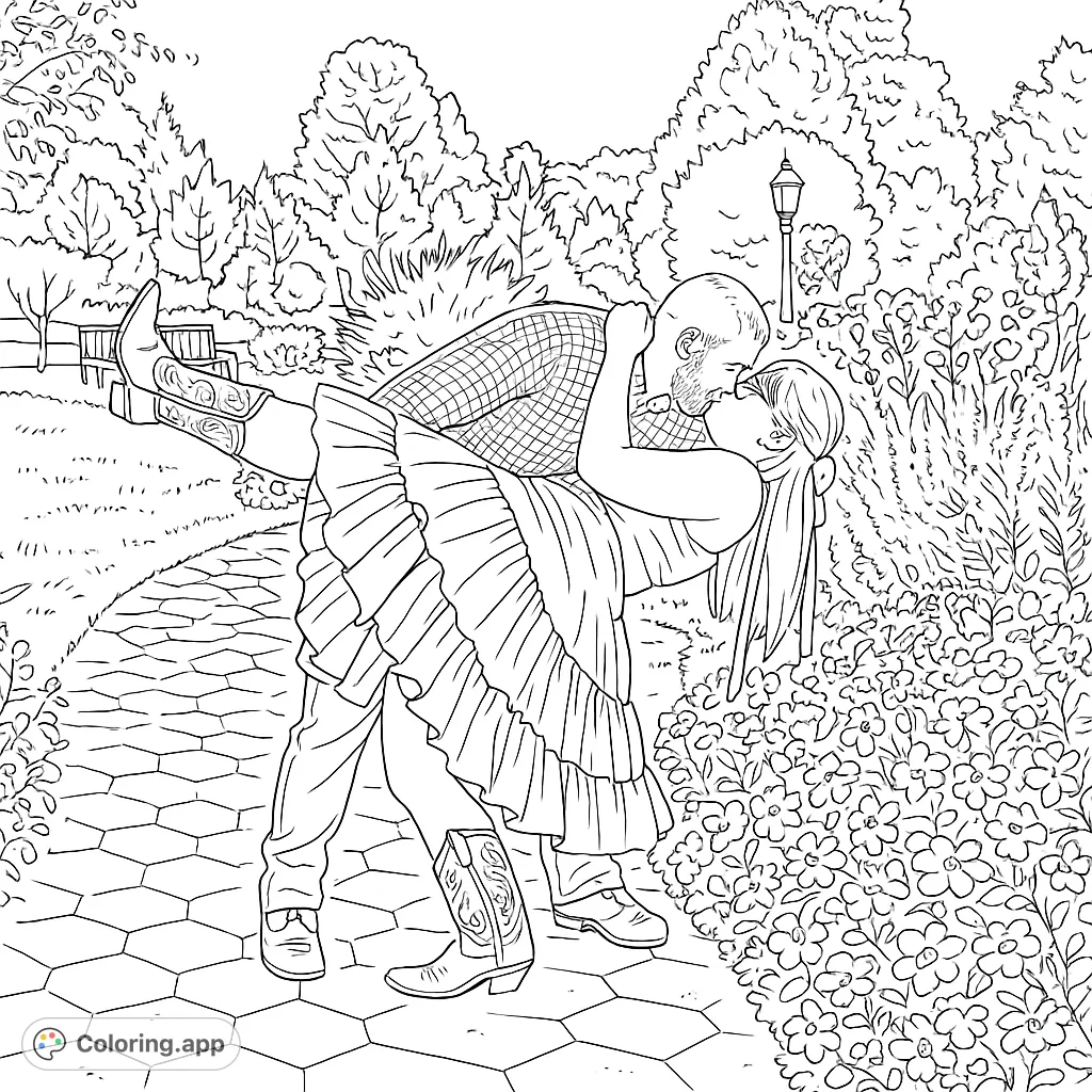 A romantic garden kiss coloring page featuring a couple in a dynamic pose. Free printable coloring page for adults and teens.