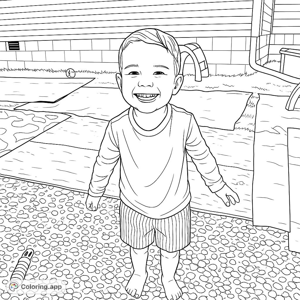 A delightful child coloring page featuring a smiling boy in a backyard, perfect as a free printable coloring page for kids and adults. Bring joy to life!