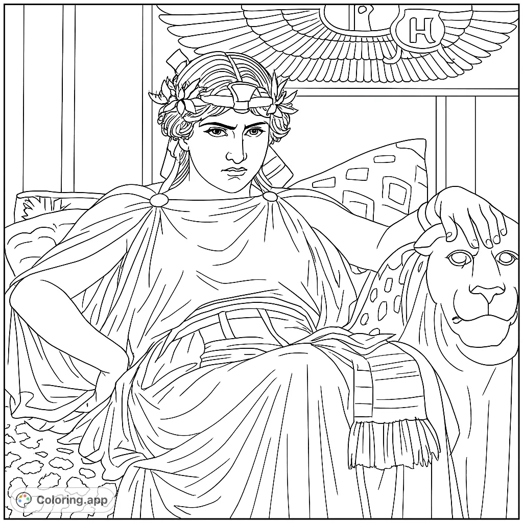 A regal figure with a laurel wreath, seated beside a majestic lion, embodying ancient power and grace. A classical mythology coloring page.