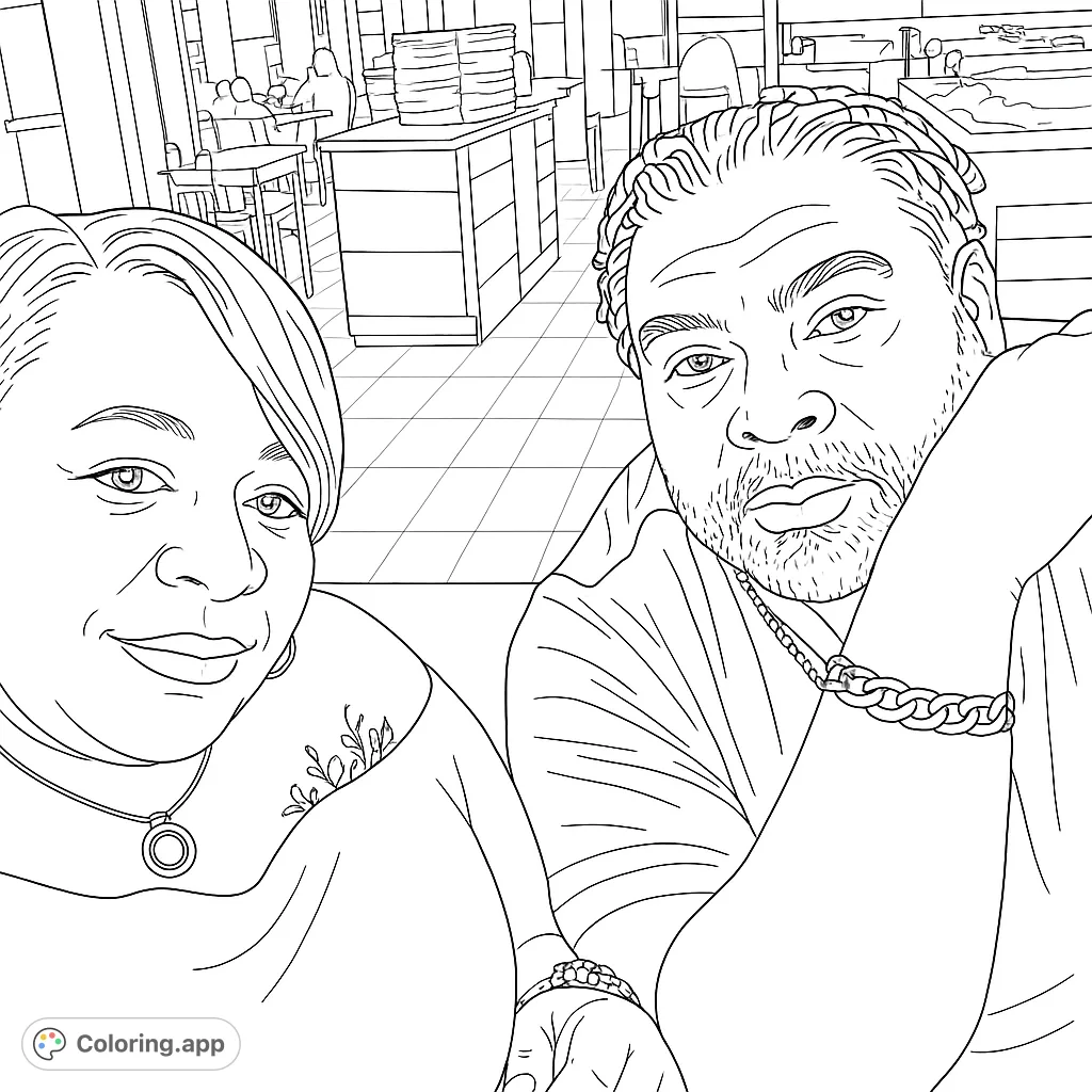 A heartwarming couple's portrait in a cafe setting, perfect for a relaxing coloring experience. Features detailed faces, accessories, and a bustling background.
