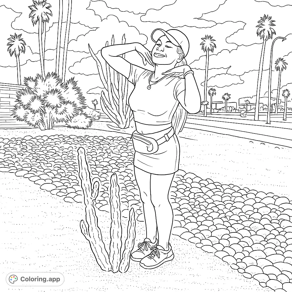 A stylish woman poses in a desert landscape with palm trees and cacti. A free printable desert oasis coloring page for fashion and nature lovers.