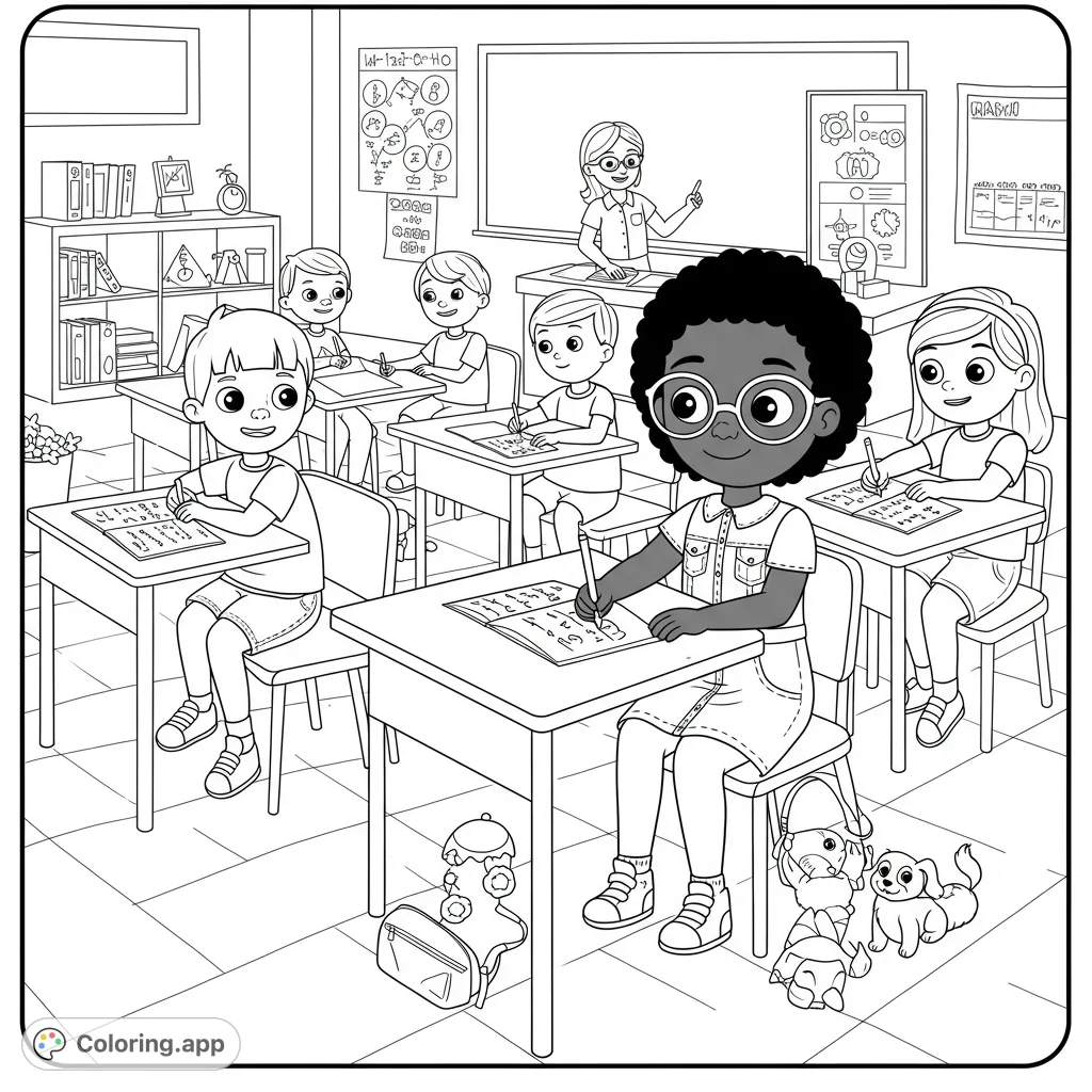 An engaging classroom scene with students learning, a teacher instructing, and fun details. Perfect for a school-themed coloring page.
