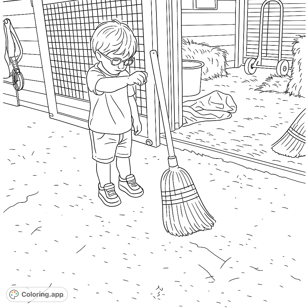 A charming barn scene featuring a young child diligently holding a large broom, ready to help with chores. Perfect for teaching responsibility.