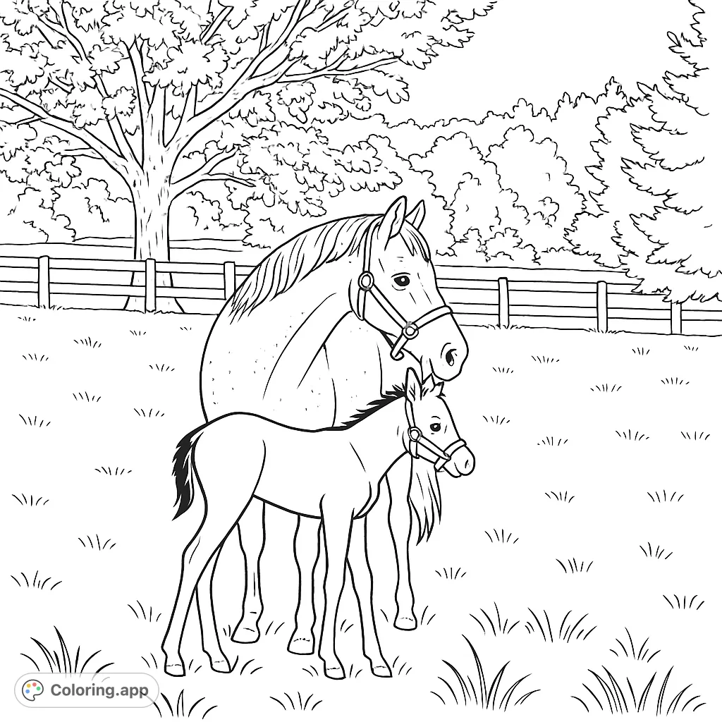 A heartwarming mare and foal coloring page featuring a gentle horse and her baby in a peaceful pasture, perfect for animal lovers.