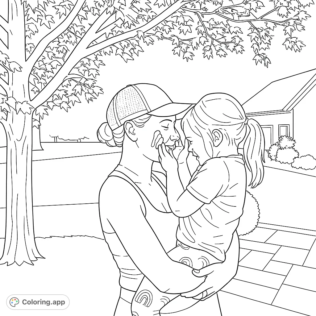 A tender moment captured: a woman holding a giggling child, surrounded by a tree and house. Perfect for a heartwarming family coloring page.