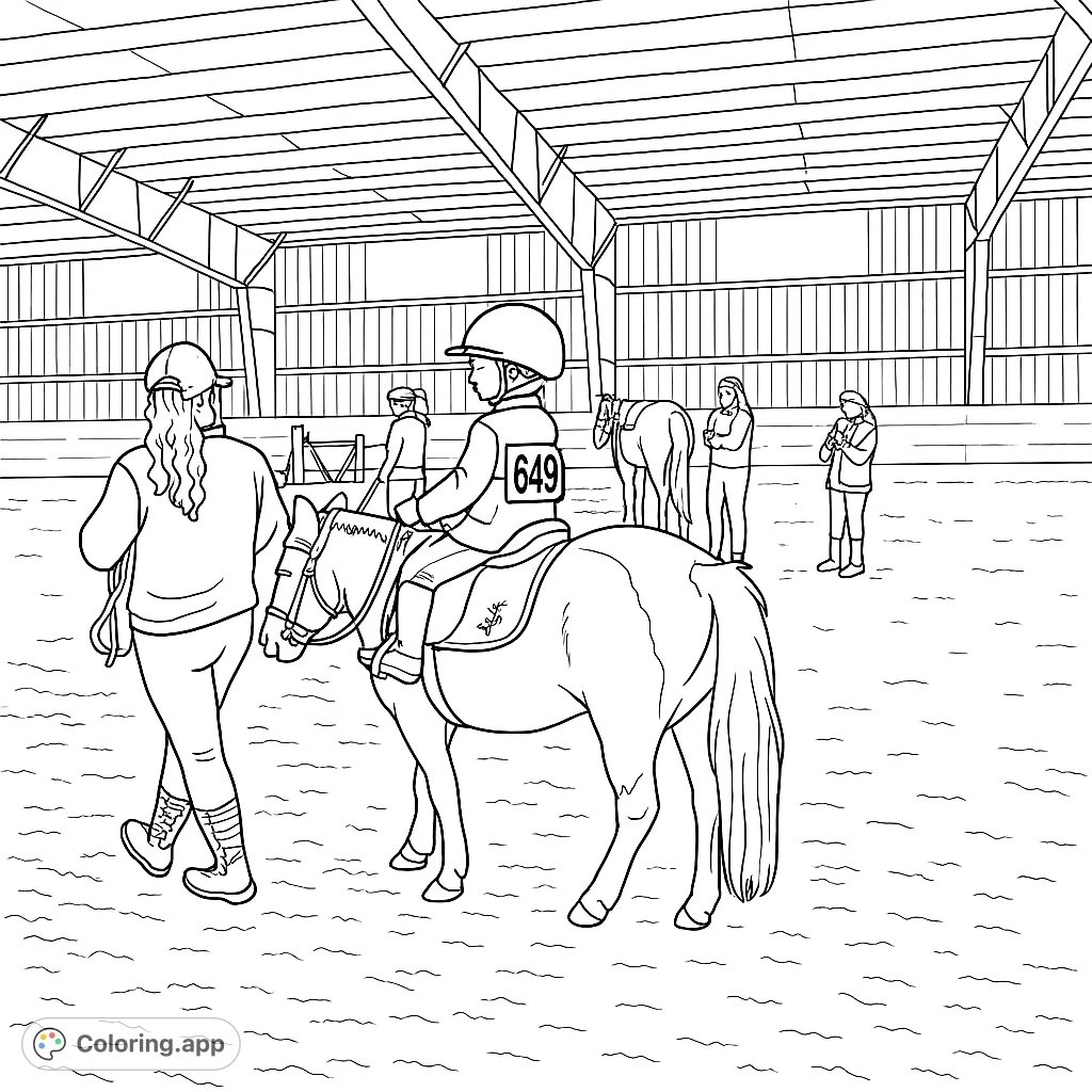 A delightful pony ride scene featuring a young rider and their pony in an indoor arena. Perfect for horse enthusiasts and aspiring equestrians.