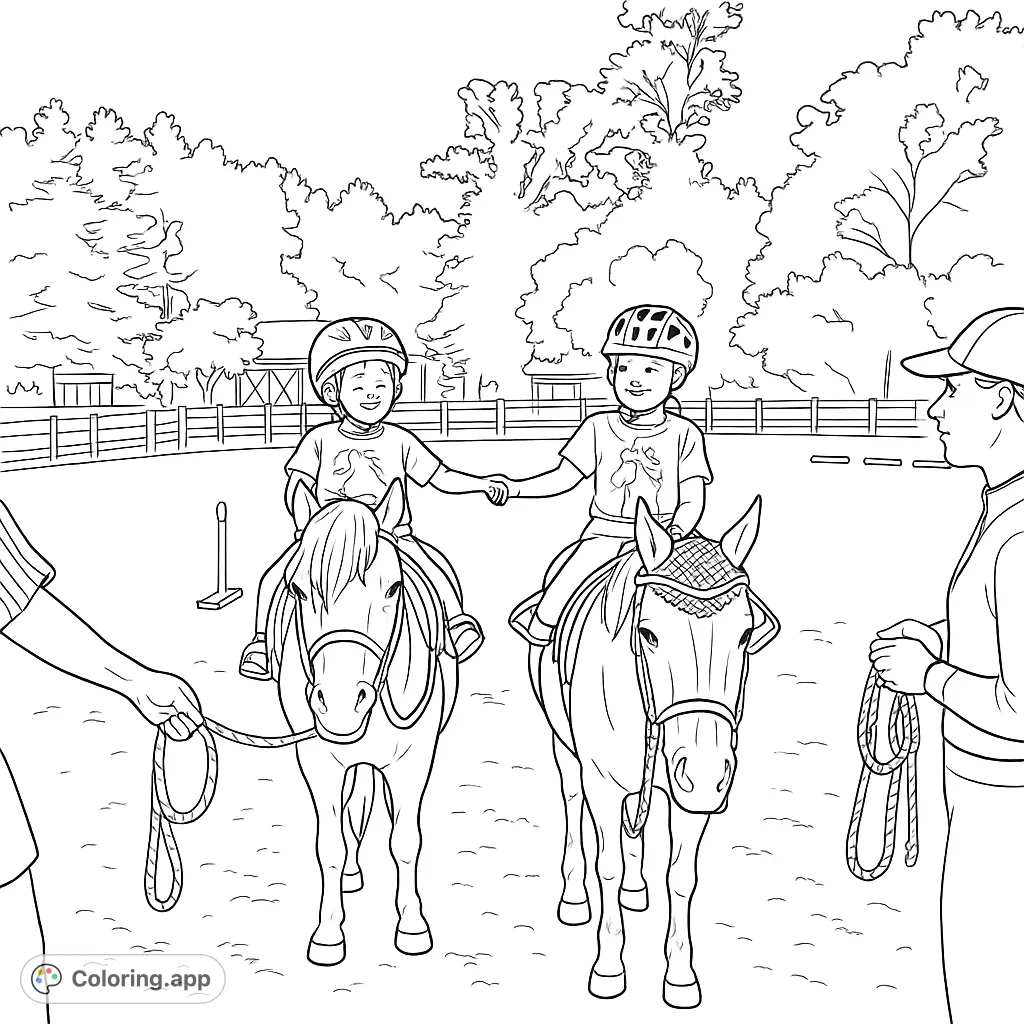 Kids enjoy a pony riding lesson, holding hands with instructors nearby. A delightful equestrian scene for young colorists.