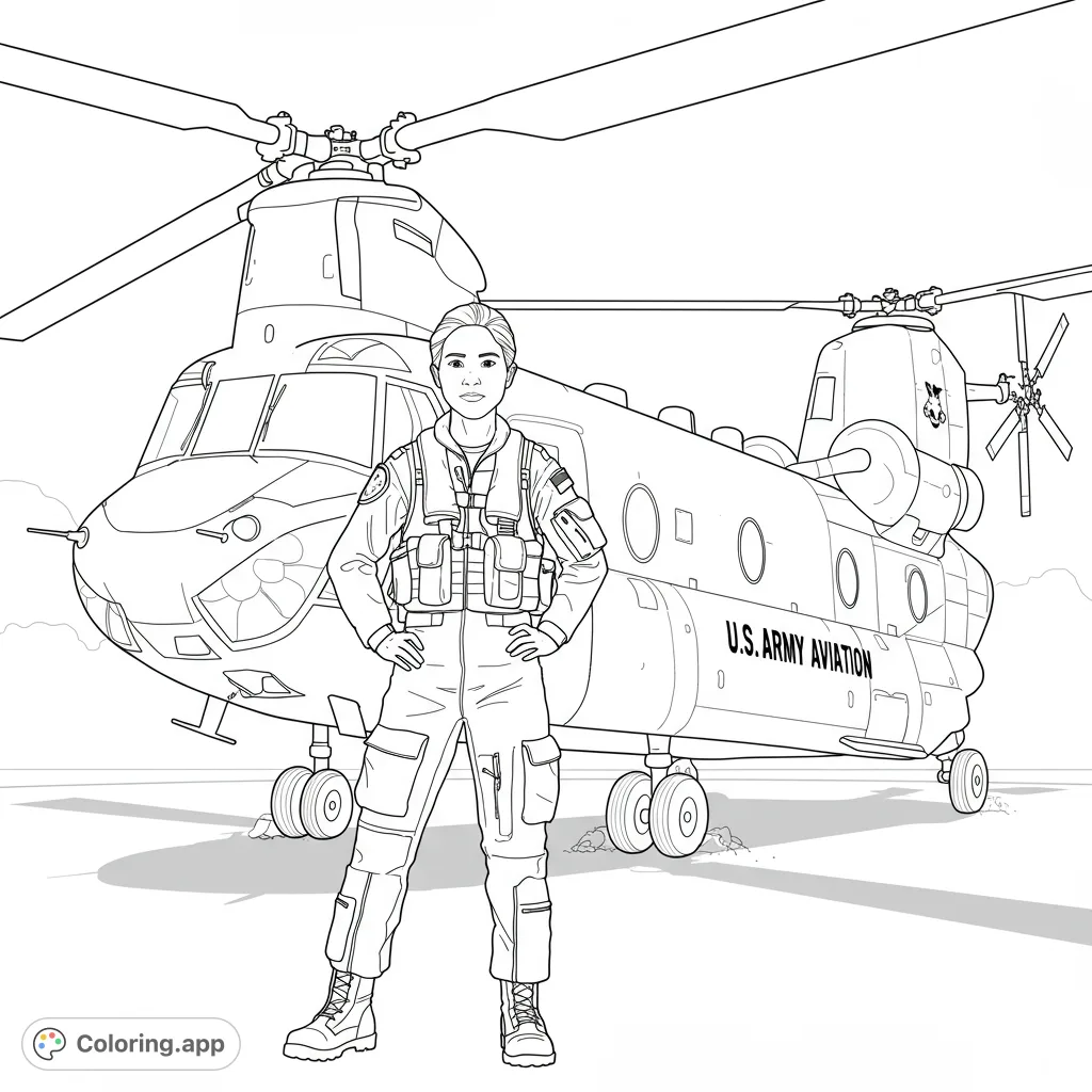 A powerful military aviation coloring page featuring a brave aviator and a massive helicopter. Free printable coloring page for kids and adults.