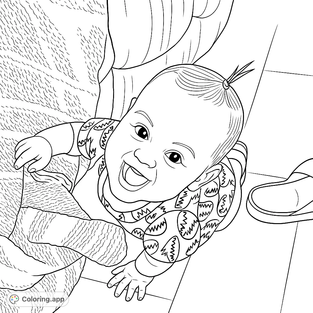 A delightful baby coloring page featuring a happy infant smiling up, surrounded by a cozy blanket and a playful onesie. Perfect for all ages!