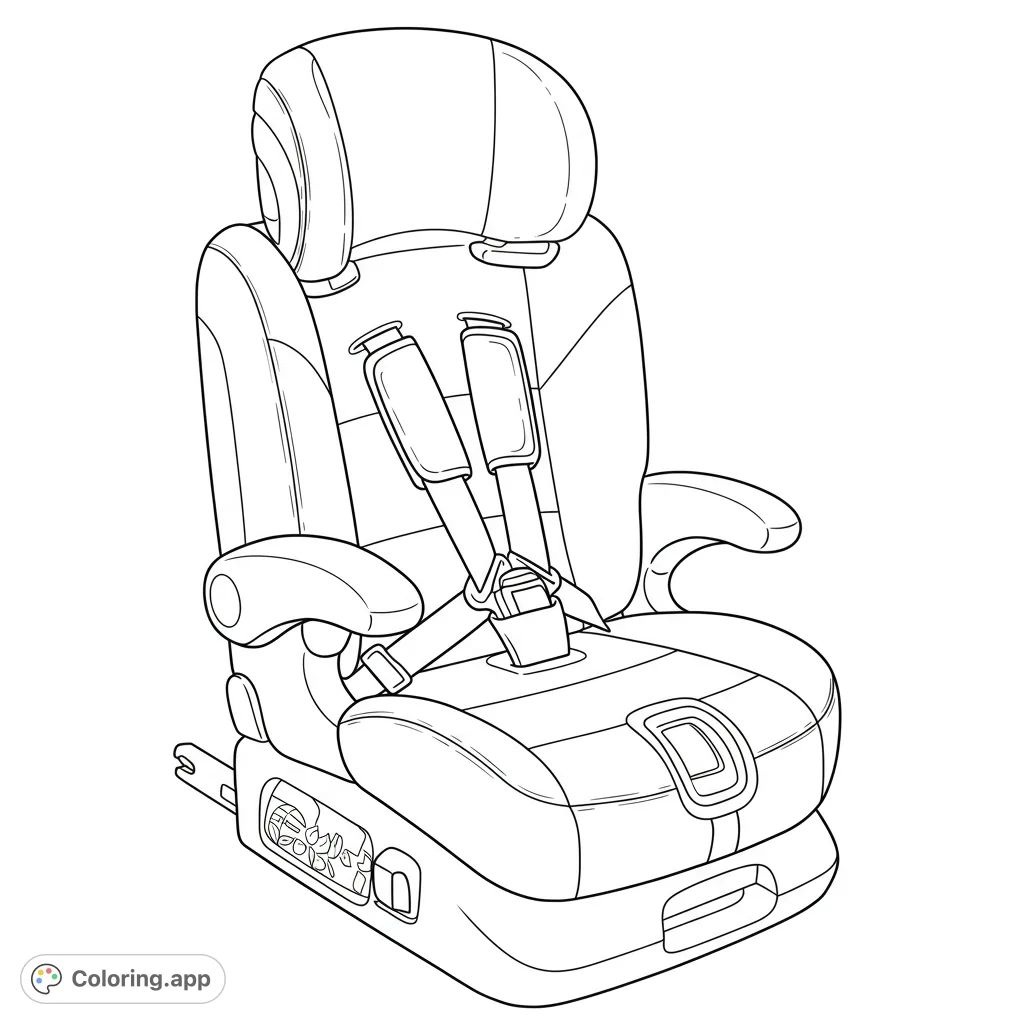 A detailed booster car seat, perfect for teaching road safety and vehicle components. This free printable coloring page offers a fun, educational activity.