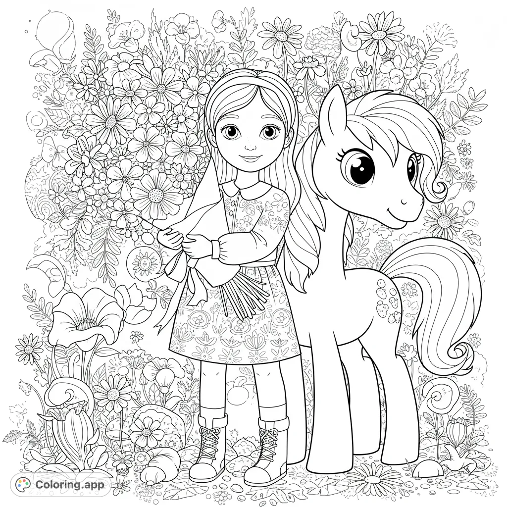 A charming girl with a flower bouquet and her friendly pony stand amidst a vibrant, detailed garden. Perfect for a delightful coloring experience.