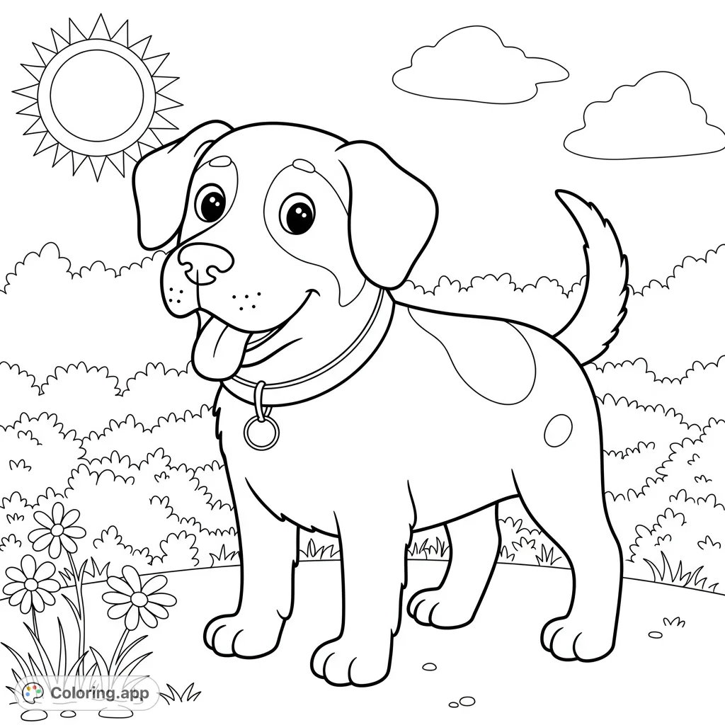 A delightful puppy stands in a sunny outdoor scene with flowers and bushes, ready for a burst of color. Perfect for kids and dog lovers!