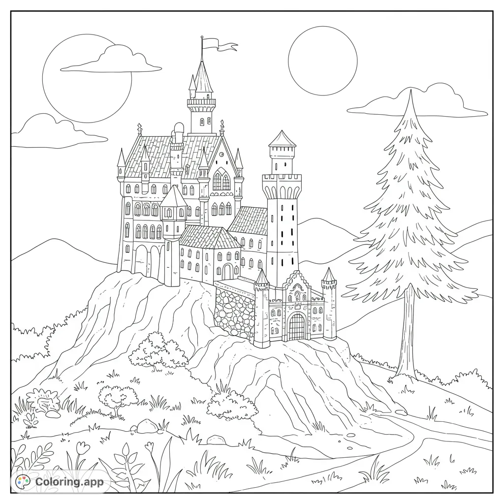 Explore a grand fantasy castle atop a rugged hill, surrounded by nature. A detailed free printable castle coloring page for all ages.