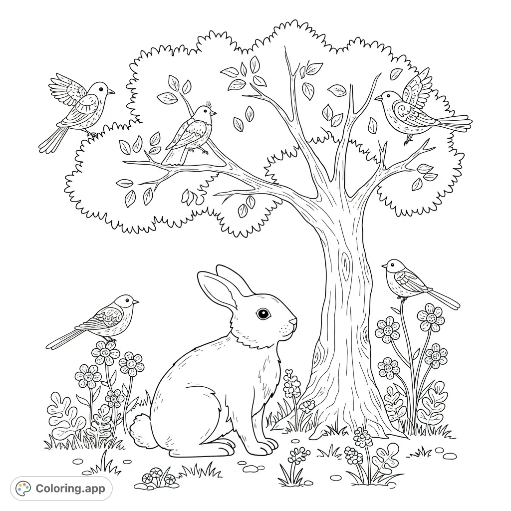 A delightful woodland scene featuring a cute rabbit, cheerful birds, and a majestic tree. Perfect for nature lovers of all ages to color and enjoy.