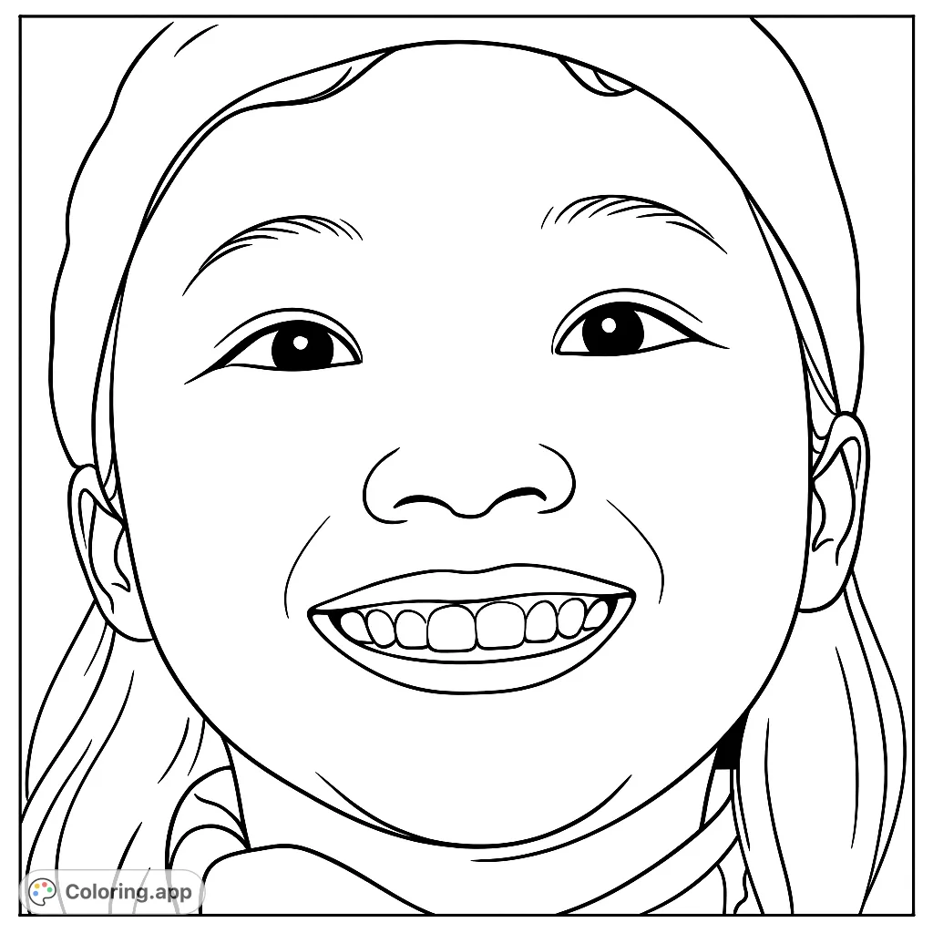 A joyful girl's face with a wide, happy smile, perfect for a delightful portrait coloring page. Express emotions with vibrant colors on this free printable coloring page.
