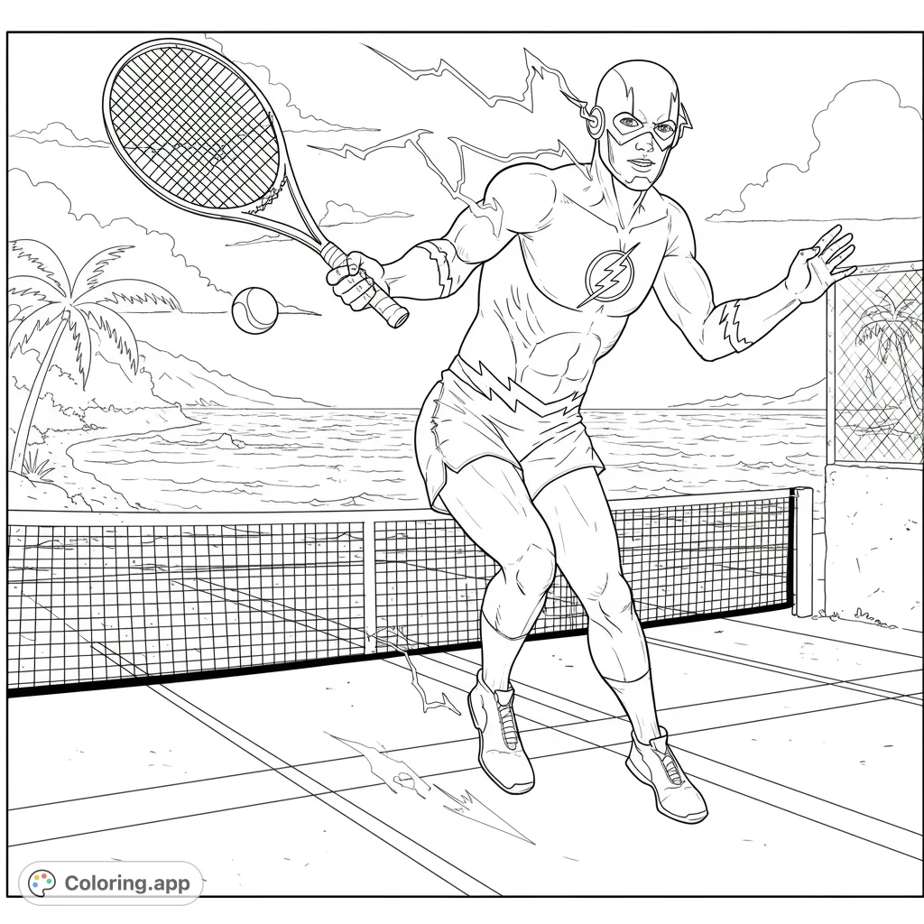 Dynamic speedster superhero playing tennis on a beach court, with lightning effects. A thrilling action-packed free printable coloring page for all ages.