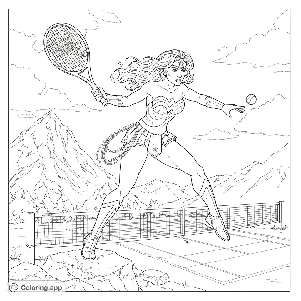 A powerful Wonder Woman tennis coloring page! Dynamic pose, iconic costume, and a detailed court with mountains. Perfect for superhero fans and sports enthusiasts.