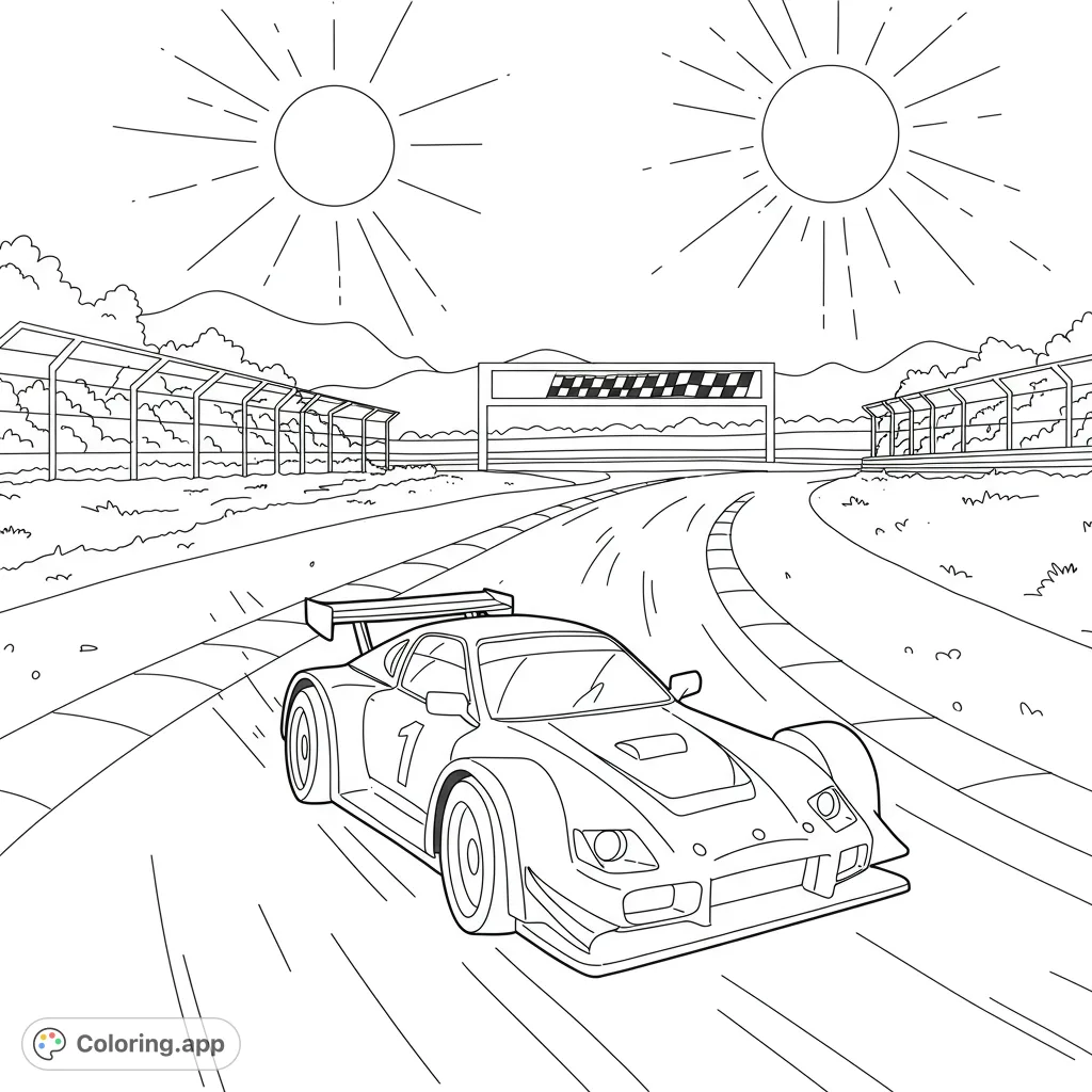 Dynamic race car coloring page on a thrilling track with a finish line. Free printable race car coloring page for kids and adults to enjoy!