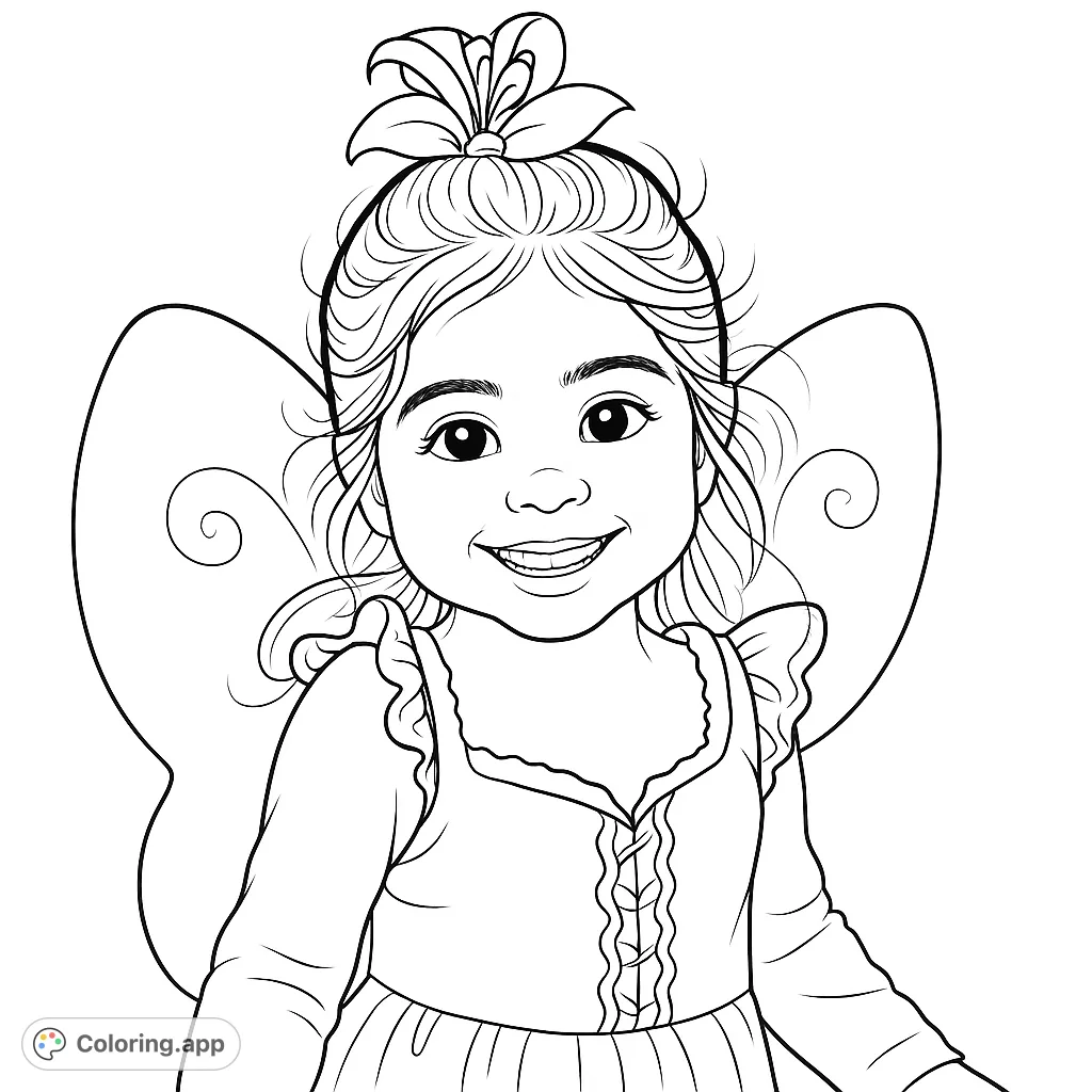 An adorable little fairy girl with a big smile, wearing a charming ruffled dress, delicate wings, and a beautiful lily flower in her curly hair.