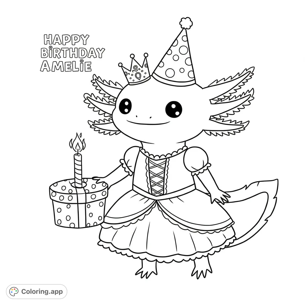 An adorable axolotl in a princess dress and party hat, holding a birthday cake with a candle. A charming and fun birthday-themed coloring page.