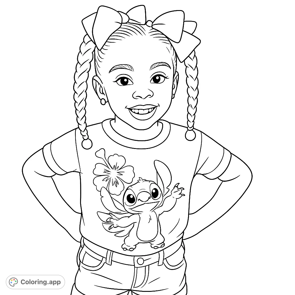 A cheerful girl with braided pigtails and a big smile, wearing a T-shirt featuring the beloved character Stitch and a hibiscus flower.