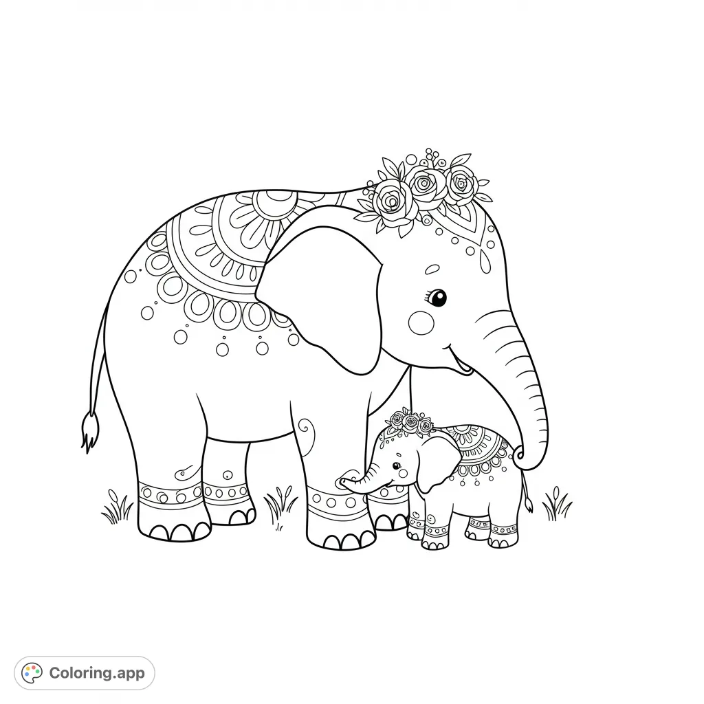 A charming elephant coloring page featuring an adult and baby elephant adorned with intricate mandala patterns and floral crowns, perfect for all ages.