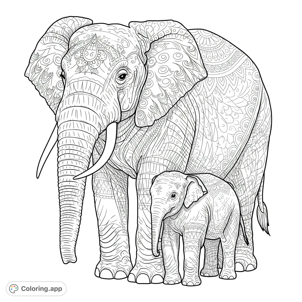 An intricate mandala elephant mother and calf coloring page. Features detailed patterns, perfect for mindful coloring and creative expression. Free printable for all ages.