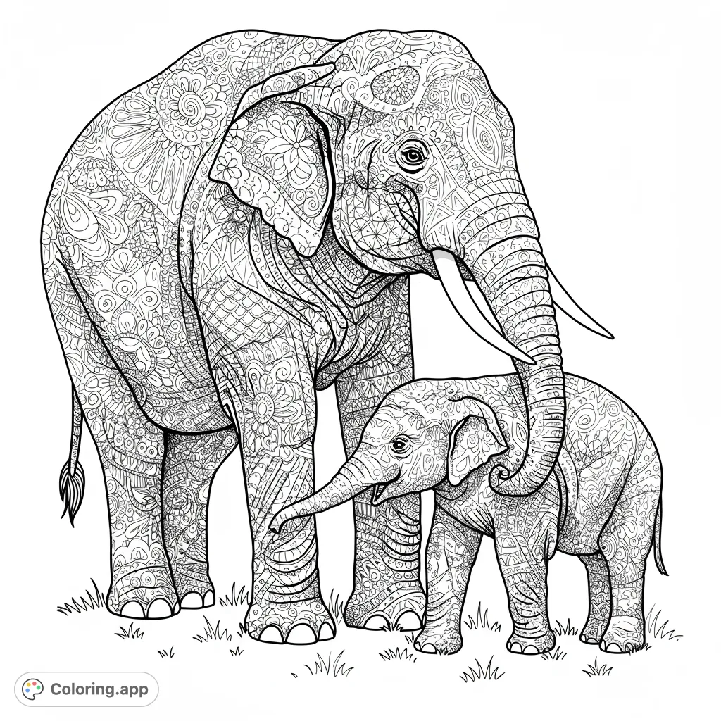Intricate zentangle elephant family coloring page. A majestic adult and playful calf covered in detailed patterns, perfect for mindful coloring.