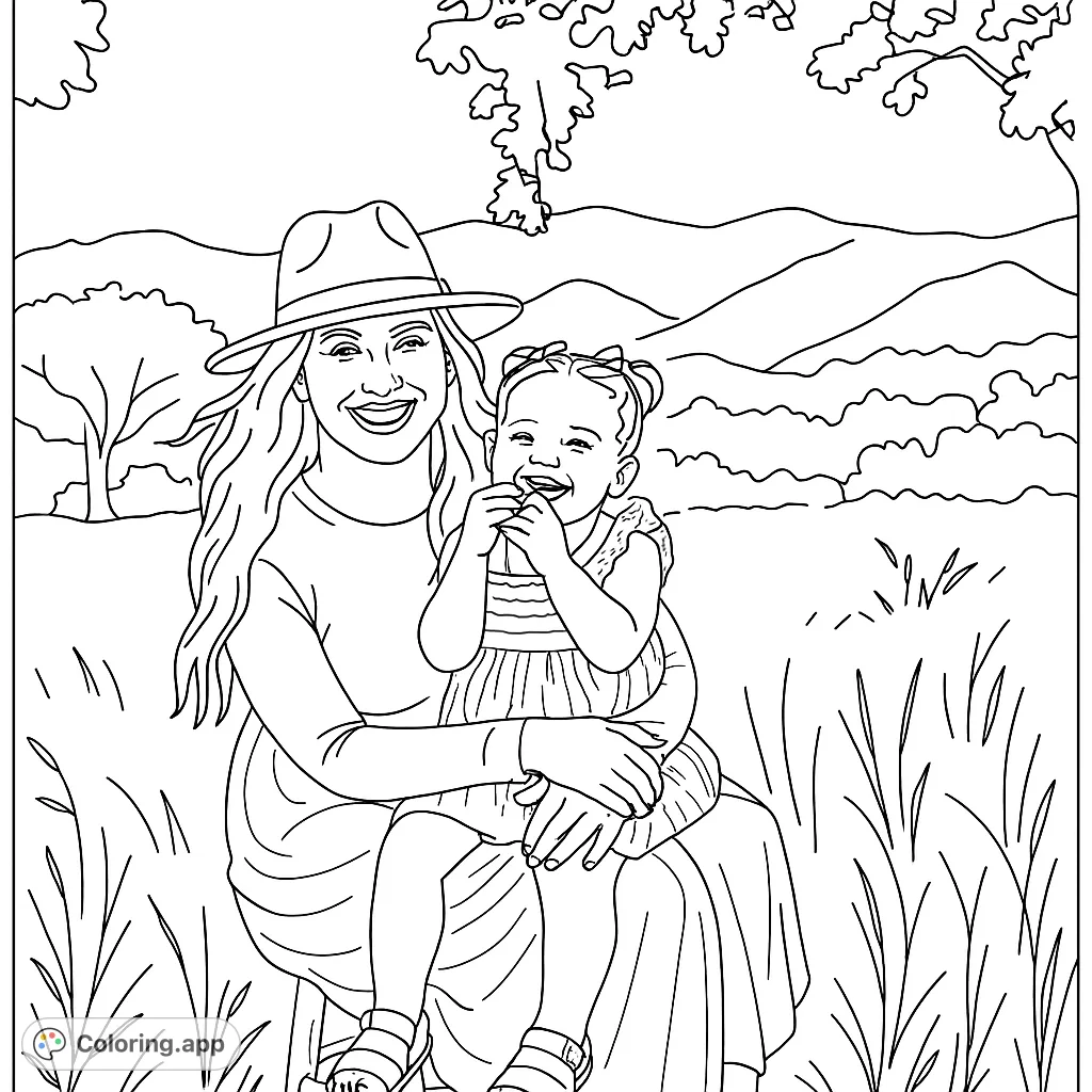A heartwarming mother and child coloring page featuring a smiling mom in a hat holding her laughing toddler in a grassy field with hills and trees.