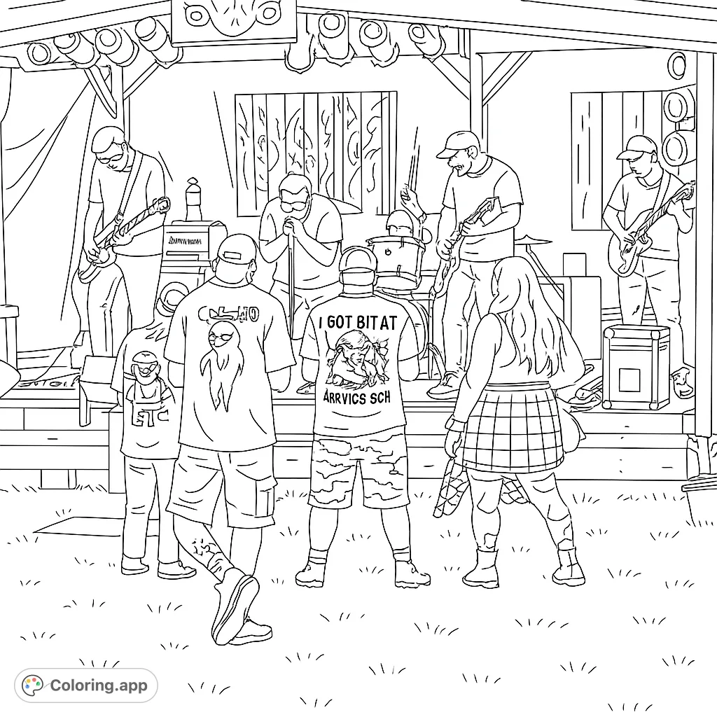 Experience the energy of a live band concert! This free printable music coloring page features a rock band on stage and an excited crowd, perfect for all ages.