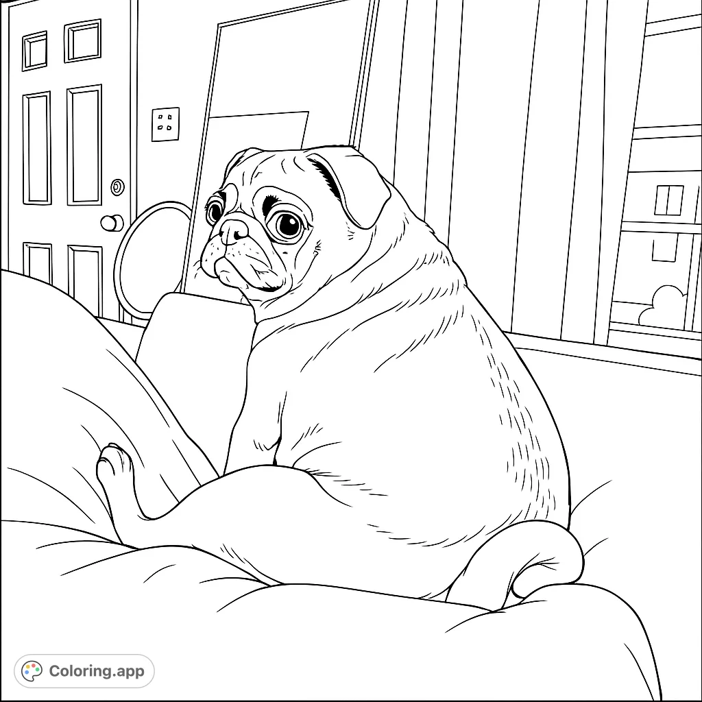 An adorable pug dog relaxes on a cozy couch, ready for your creative colors. A delightful pug coloring page for all ages!