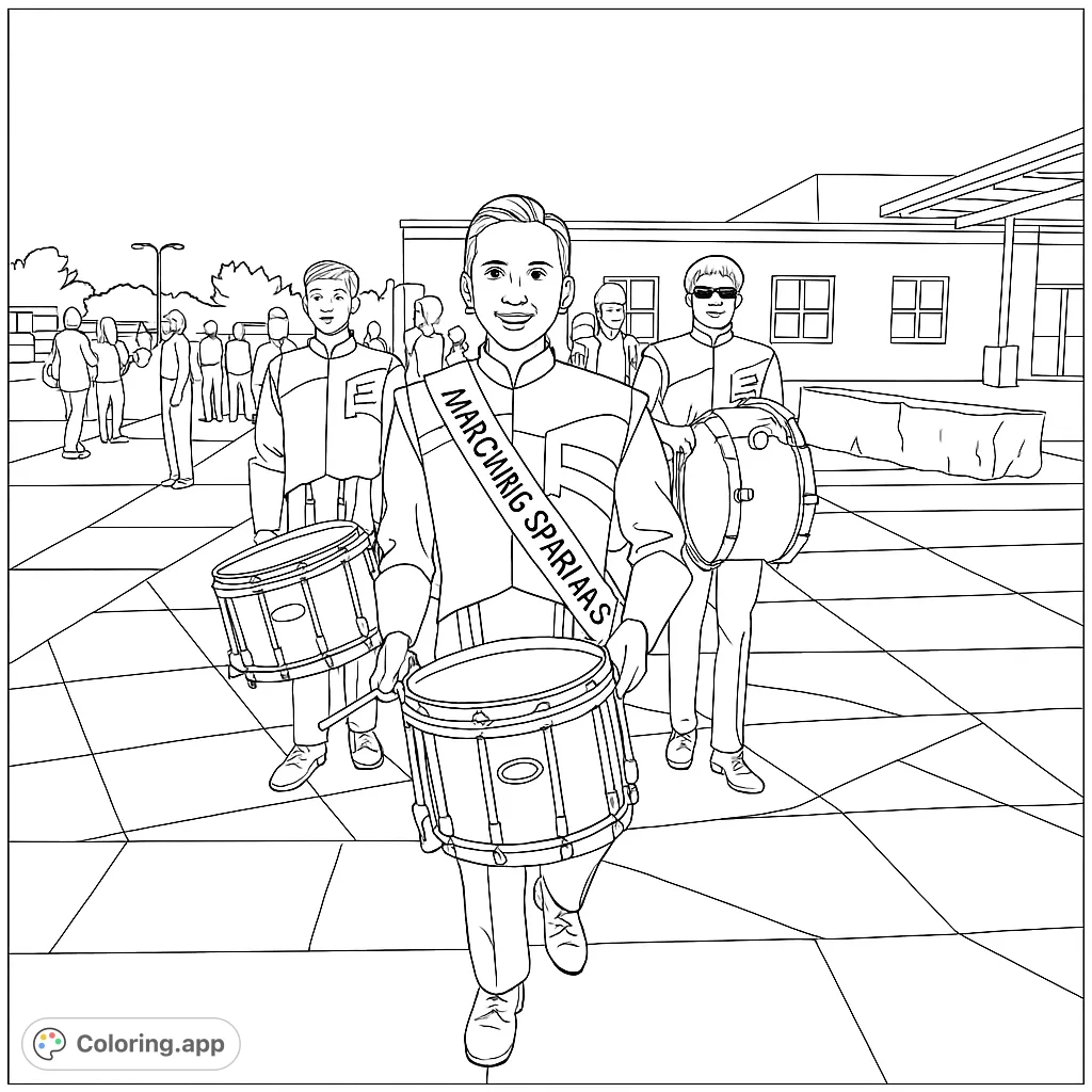 Join the parade with this marching band coloring page! Features drummers in uniform, perfect for music lovers and aspiring musicians.