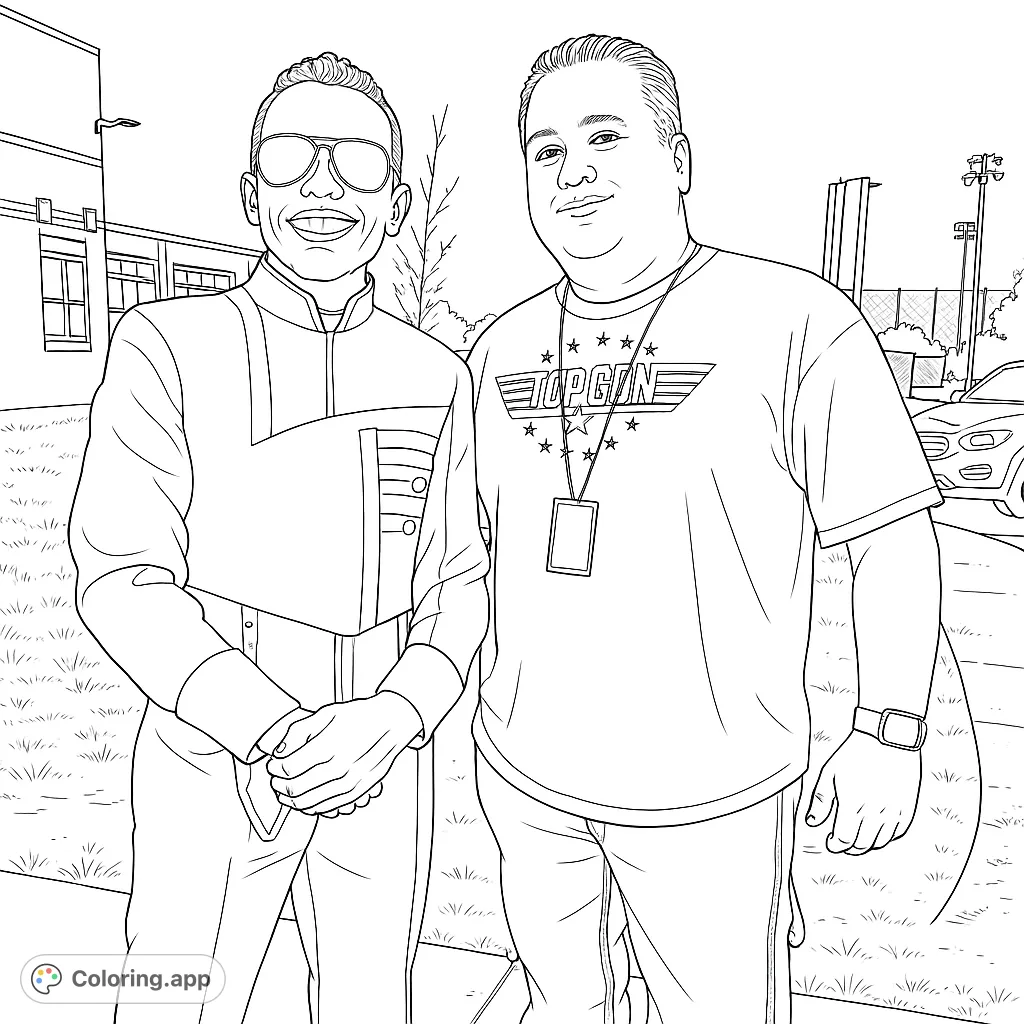 Color a dynamic scene featuring two men: one in a sleek uniform with aviators, the other in a "Top Gun" shirt. A fun, free printable coloring page!