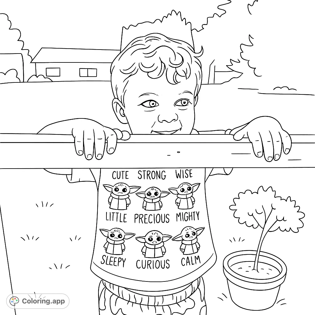 A delightful free printable coloring page featuring a happy child peeking over a fence, wearing a cute alien character shirt with descriptive words. Perfect for kids!