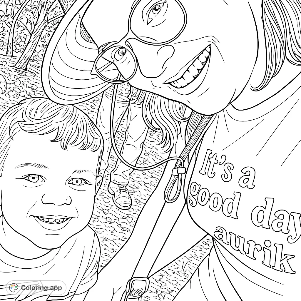 A heartwarming outdoor scene featuring a broadly smiling woman and a cheerful young boy, perfect for a free printable family coloring page.