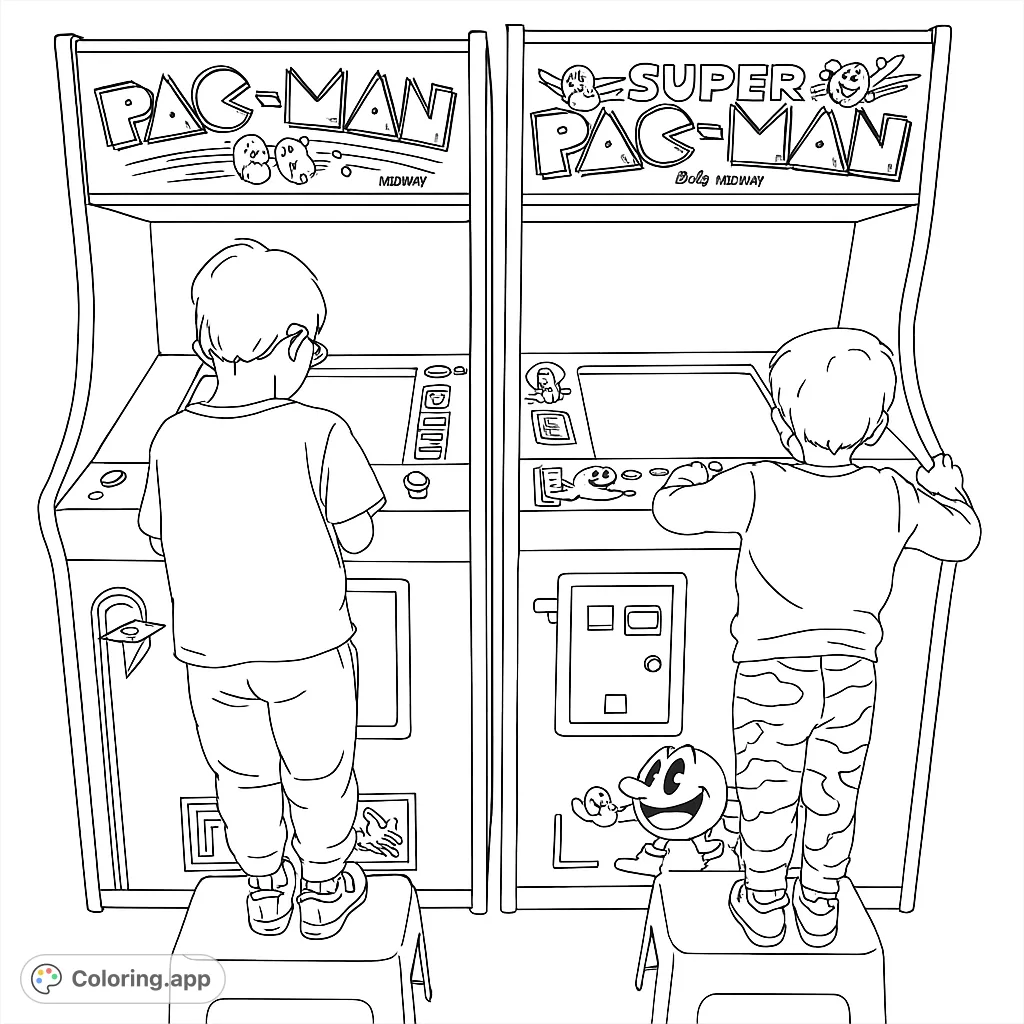 Step into a nostalgic arcade scene! Two kids play classic Pac-Man machines in this free printable retro arcade coloring page, perfect for all ages.