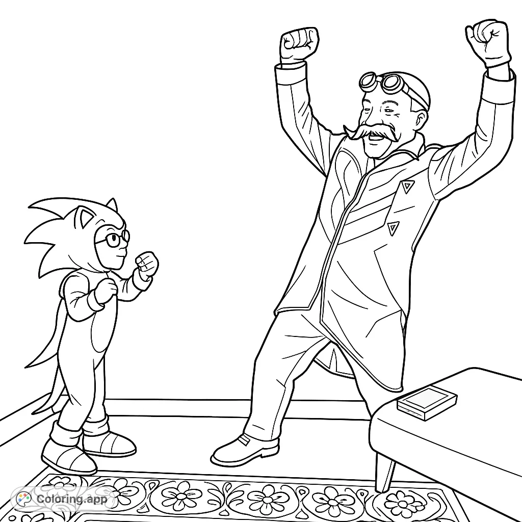 A fun Sonic the Hedgehog and Dr. Robotnik scene, perfect for a free printable coloring page. Features a child in a Sonic costume and a triumphant Robotnik.