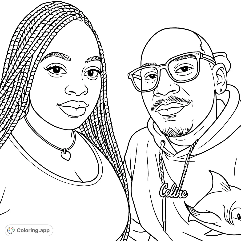 A modern couple portrait coloring page featuring a woman with intricate braids and a man in glasses, perfect for personalizing. Free printable.
