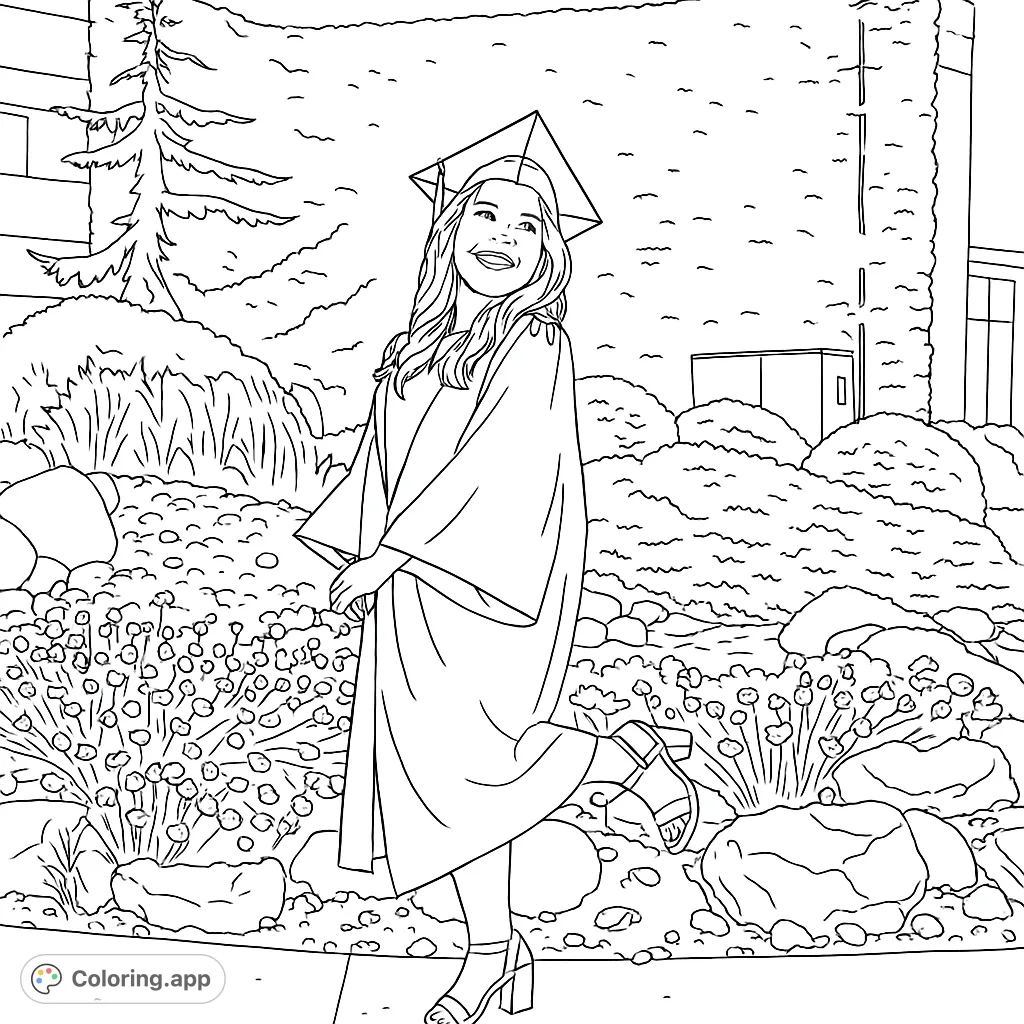 Celebrate success with this graduation coloring page! A joyful graduate in cap and gown, surrounded by nature. Perfect for all ages.