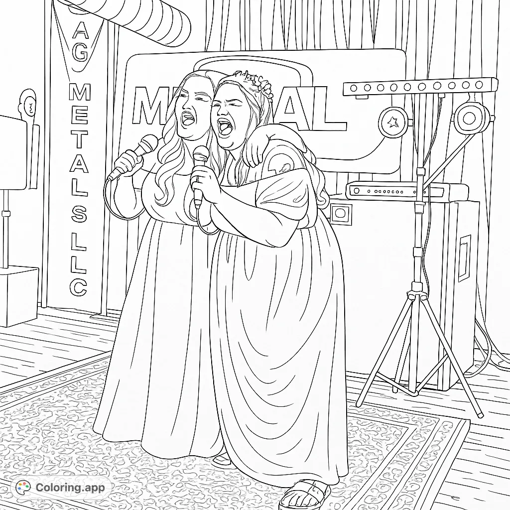 Two passionate singers belt out tunes on stage, surrounded by musical equipment and a patterned rug. A dynamic scene for a free printable coloring page.