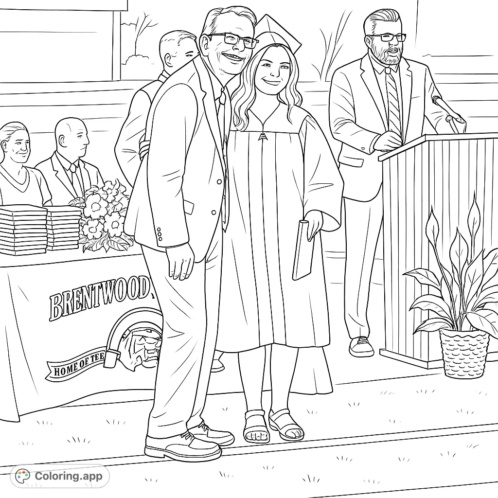 Celebrate academic success with this graduation day coloring page! Features a proud graduate, family, and ceremony details. Perfect for all ages.